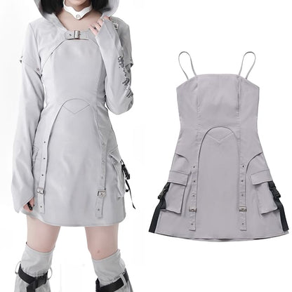 Thin Strap Panel Buckled Mini A-Line Cargo Dress