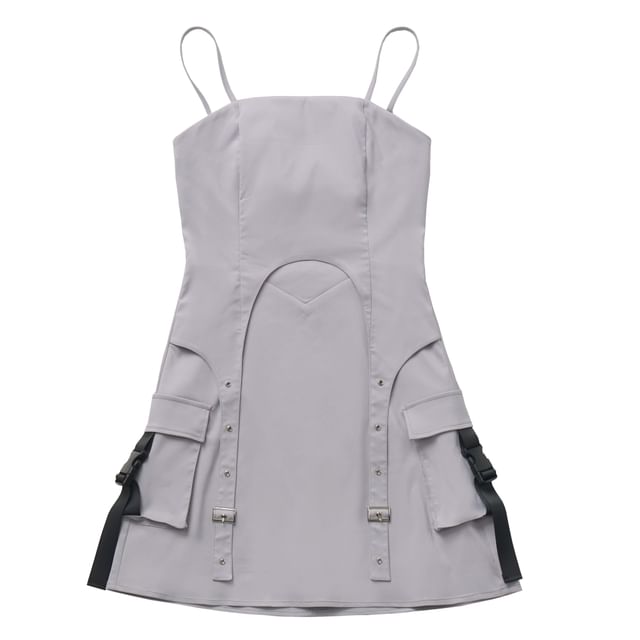 Thin Strap Panel Buckled Mini A-Line Cargo Dress
