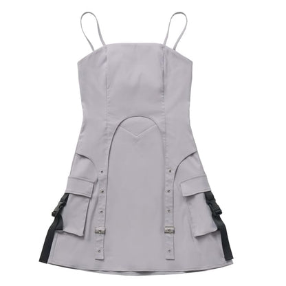 Thin Strap Panel Buckled Mini A-Line Cargo Dress