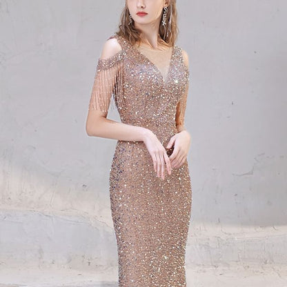Cap Sleeve Cold Shoulder Sequin Beaded Fringe Trumpet Evening Dress