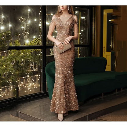 Cap Sleeve Cold Shoulder Sequin Beaded Fringe Trumpet Evening Dress