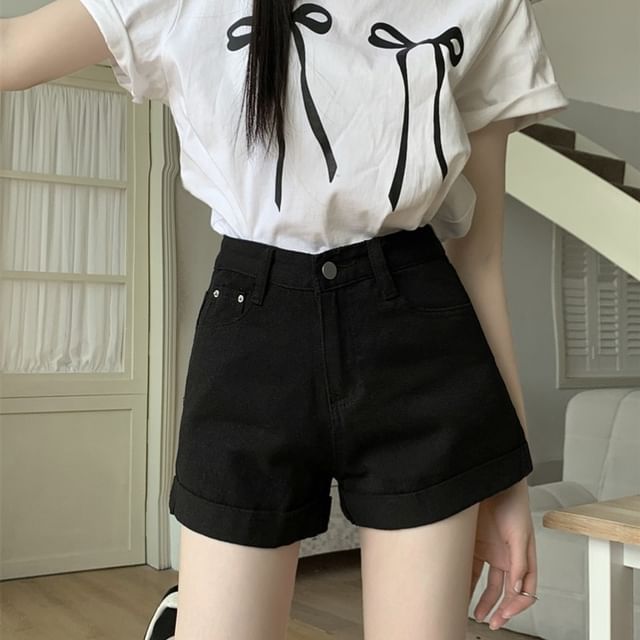 High Waist Roll Up Hem Denim Hot Pants