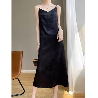 Thin Strap V-Neck Satin Midi A-Line Dress
