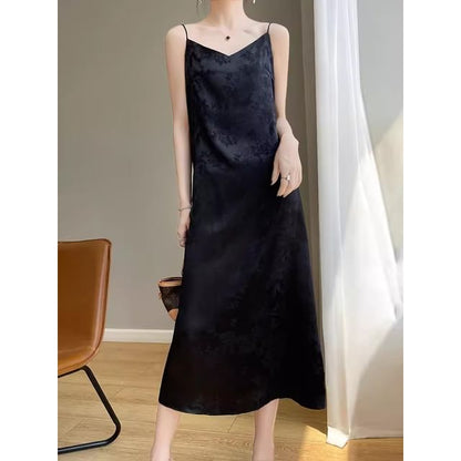 Thin Strap V-Neck Satin Midi A-Line Dress