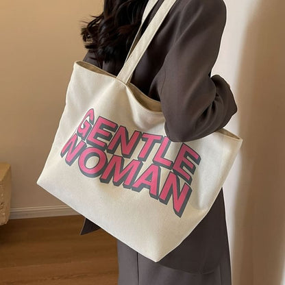 Lettering Print Canvas Tote Bag