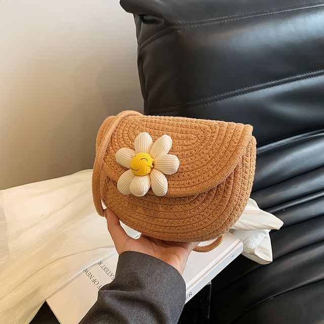 Floral Accent Woven Saddle Crossbody Bag