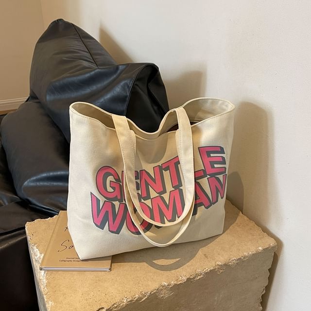 Lettering Print Canvas Tote Bag