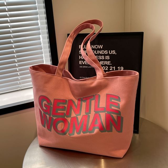 Lettering Print Canvas Tote Bag