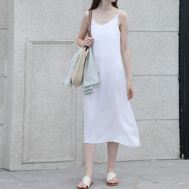 Thin Strap V-Neck Simple Backless Midi Shift Dress