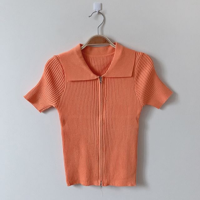 Short-Sleeve Collared Plain Zip Knit Top