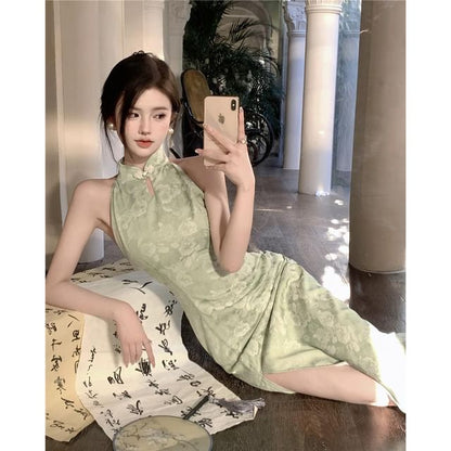 Halter Floral Side-Slit Midi Qipao