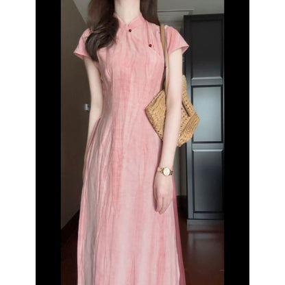 Short-Sleeve Tie Dye Midi Qipao / High Rise Plain Maxi A-Line Skirt / Wide Leg Pants / Set