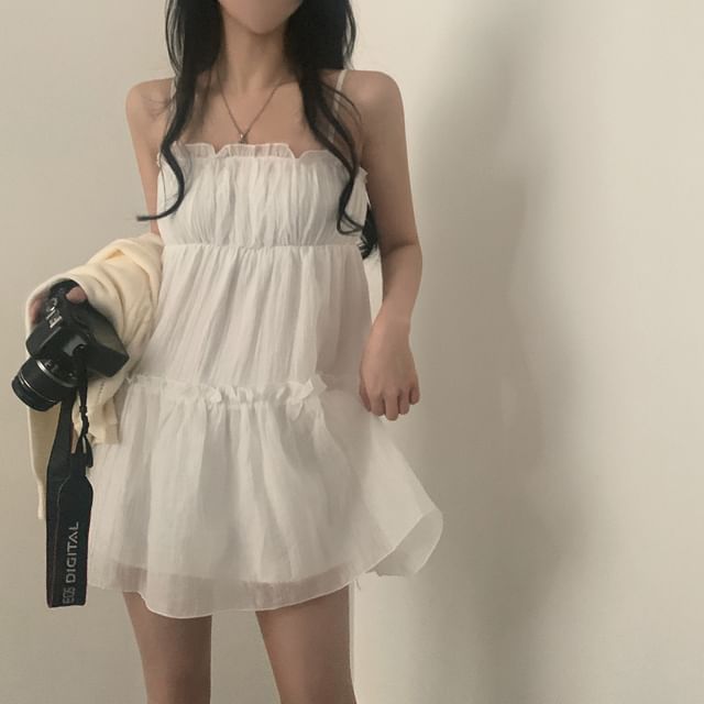 Thin Strap Simple Ruffle Trim Mini A-Line Dress