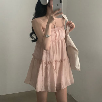 Thin Strap Simple Ruffle Trim Mini A-Line Dress