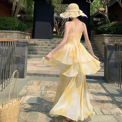Thin Strap V-Neck Tie-Dye Long Sundress