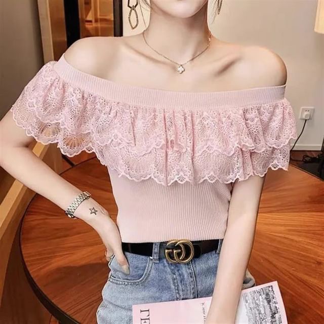 Lace Top Knit Off-Shoulder