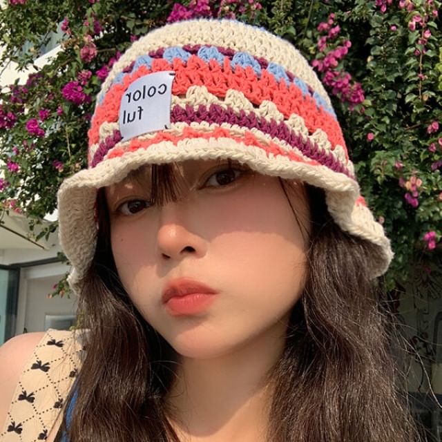 Lettering Applique Patterned Knit Bucket Hat