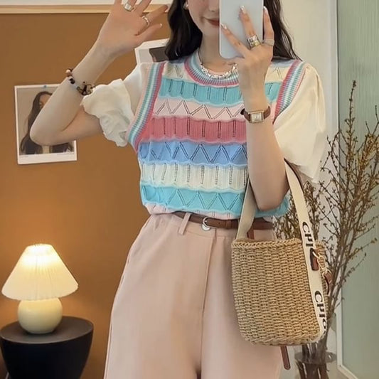 Mock Two-Piece Short-Sleeve Crewneck Striped Knit Top