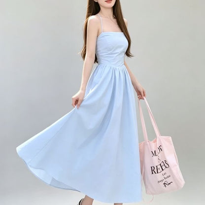 Halter Plain Strappy A-Line Midi Dress
