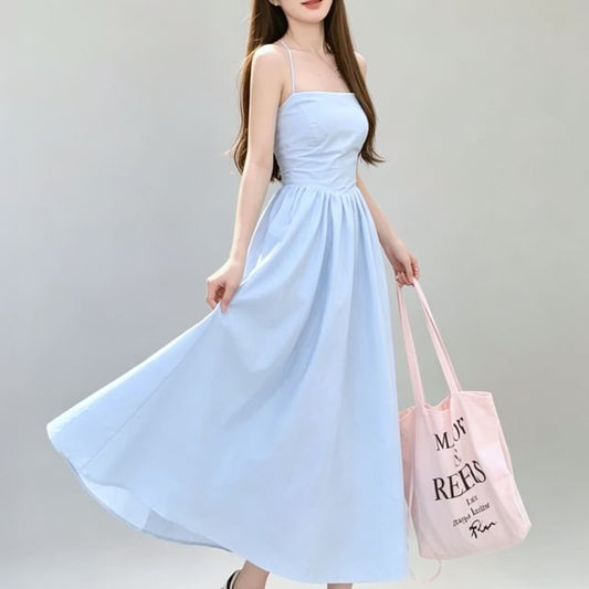 Halter Plain Strappy A-Line Midi Dress