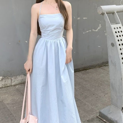 Halter Plain Strappy A-Line Midi Dress