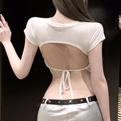 Plain Tee Back Cropped Short-Sleeve Open