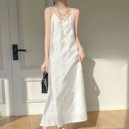 Thin Strap V-Neck Satin Maxi A-Line Dress