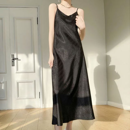 Thin Strap V-Neck Satin Maxi A-Line Dress