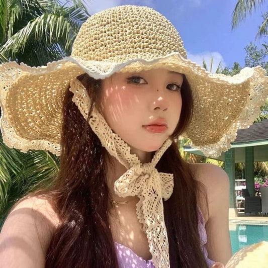 Lace Trim Straw Sun Hat