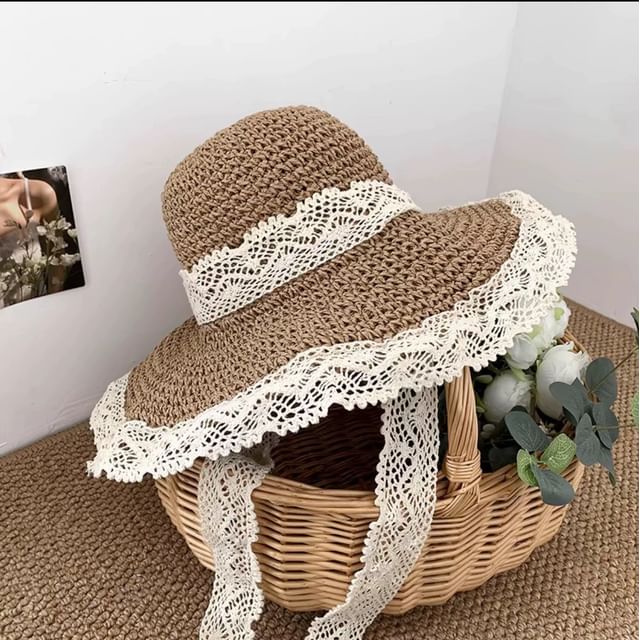 Lace Trim Straw Sun Hat