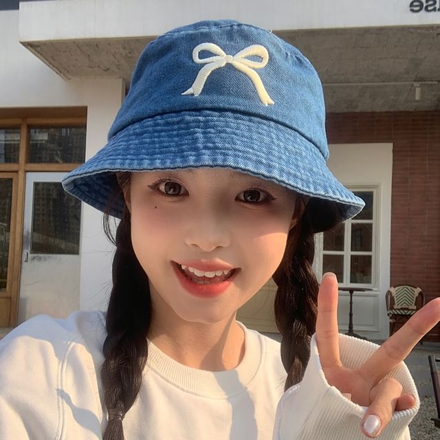 Embroidered Bucket Hat Bow Denim
