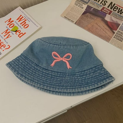 Embroidered Bucket Hat Bow Denim