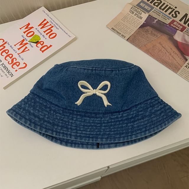 Embroidered Bucket Hat Bow Denim