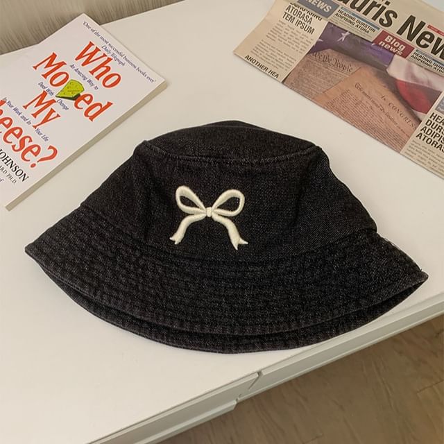 Embroidered Bucket Hat Bow Denim