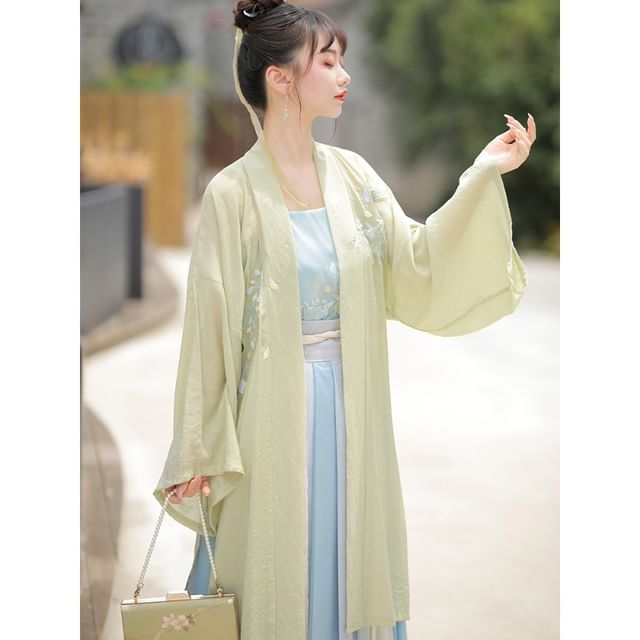 Flower Embroidered Hanfu Robe / Camisole Top / High Waist Gradient Maxi Skirt / Set