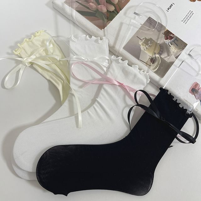 Plain Bow Lettuce Edge Socks