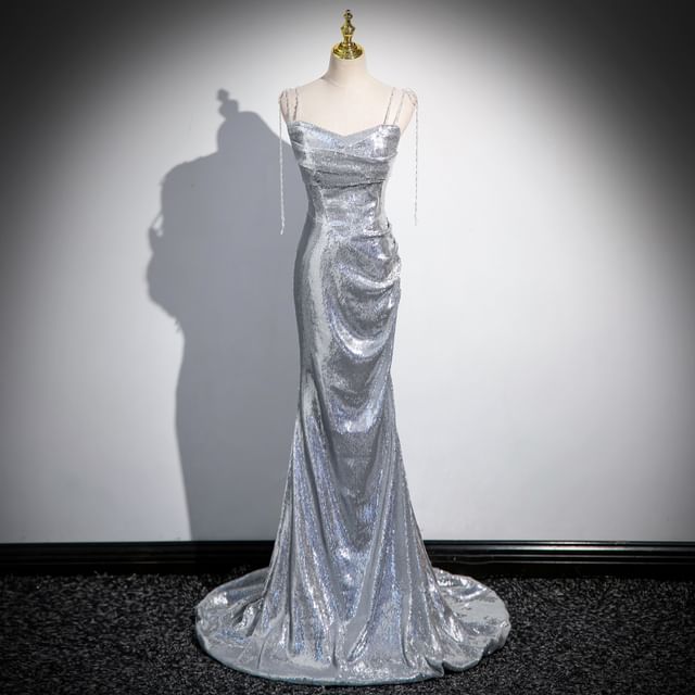 Gown Spaghetti Strap Evening Sequin Mermaid