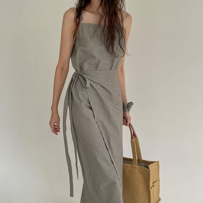 Thin Strap Striped Tie-Side Midi A-Line Dress