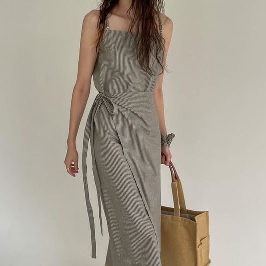 Thin Strap Striped Tie-Side Midi A-Line Dress