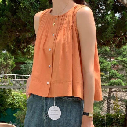 Sleeveless Plain Pintuck Button-Up Blouse