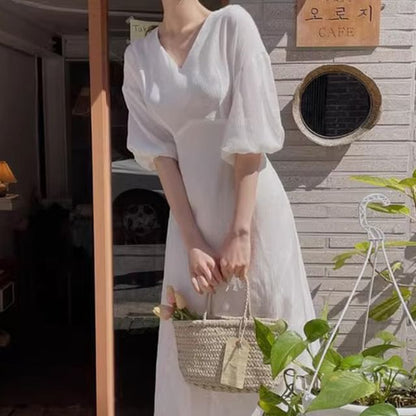 Puff-Sleeve V-Neck Plain Midi A-Line Dress