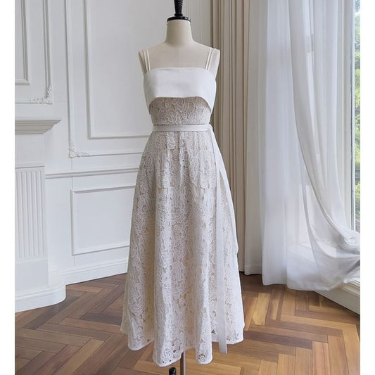 Evening A-Line Strap Gown Paneled Spaghetti Lace