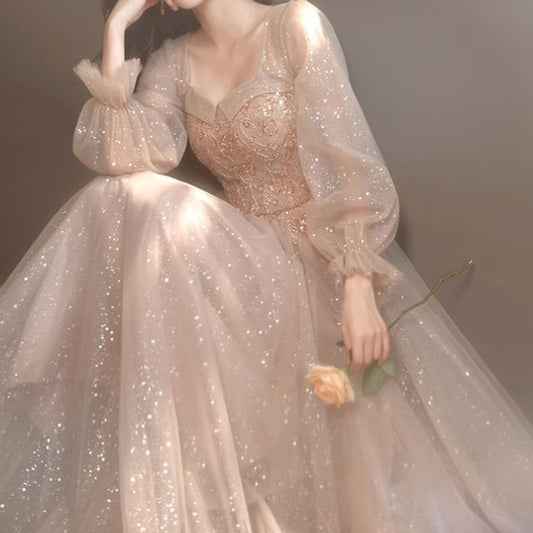 V-Neck Sequin Dress Puff-Sleeve Mesh A-Line Evening / Gown