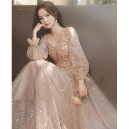 Puff-Sleeve V-Neck Sequin Mesh A-Line Evening Gown / Dress