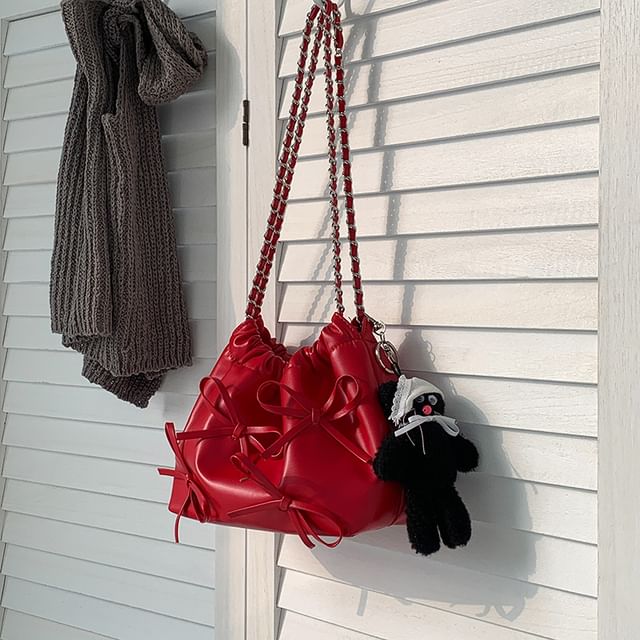 Chain Strap Bow Faux Leather Shoulder Bag