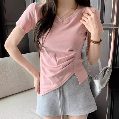 Short-Sleeve V-Neck Plain Ruched Asymmetrical T-Shirt