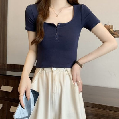 Short-Sleeve Henley Plain Tee