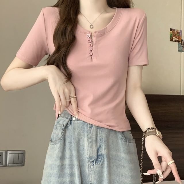 Short-Sleeve Henley Plain T-Shirt