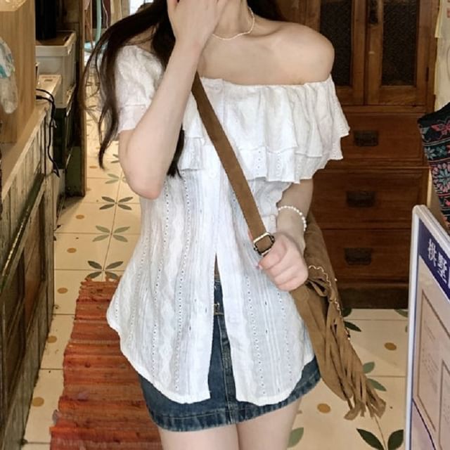 Short-Sleeve Off Shoulder Plain Ruffle Blouse