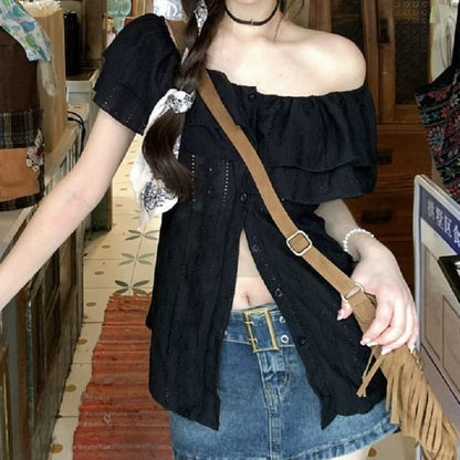 Short-Sleeve Off Shoulder Plain Ruffle Blouse